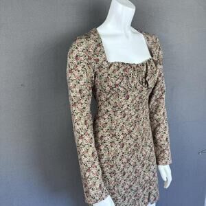 ZARA Dress Womens XS Floral Rose Print Long Sleeve Square Neck Mini‎ Bodycon